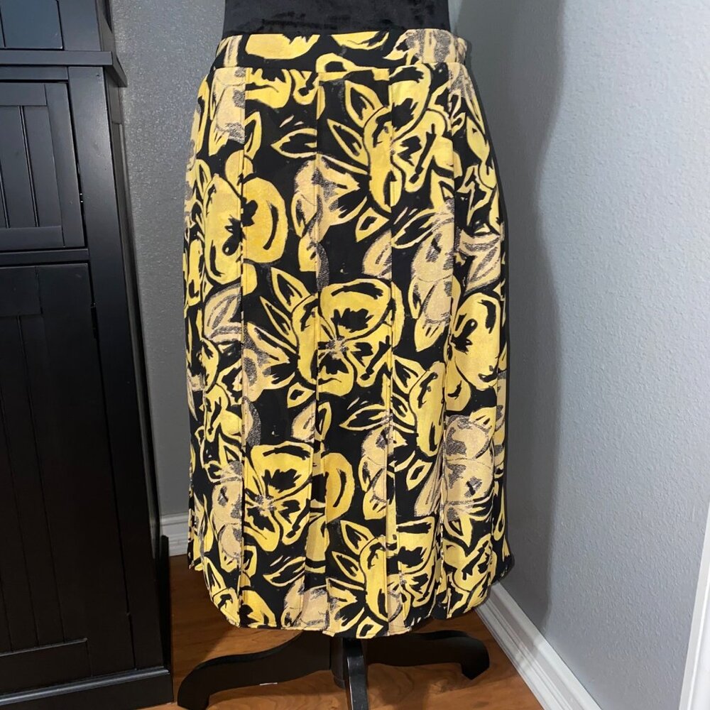 Who What Wear Womens Size‎ 8 Yellow Black Floral Midi Skirt Tie Belt High Waist
